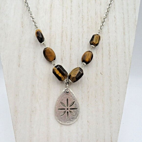 Sigrid Olsen Necklace Polished Tigers Eye Beads 20" Silver Tone Teardrop Pendant - Picture 1 of 5
